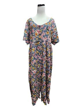 80s - 90s Sits floral crinkle-rayon loose-fit maxi dress . Medium / fits to 2XL